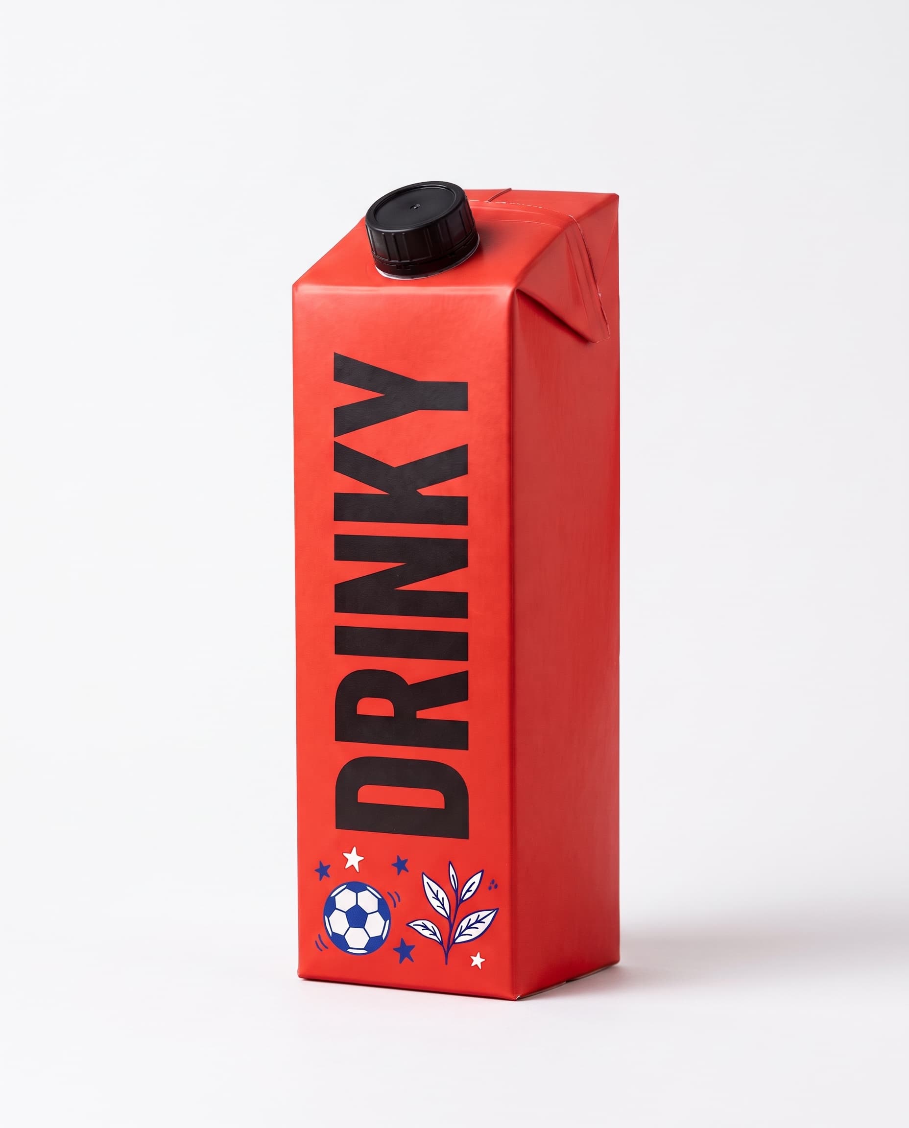 A red DRINKY carton with a black cap on a white background