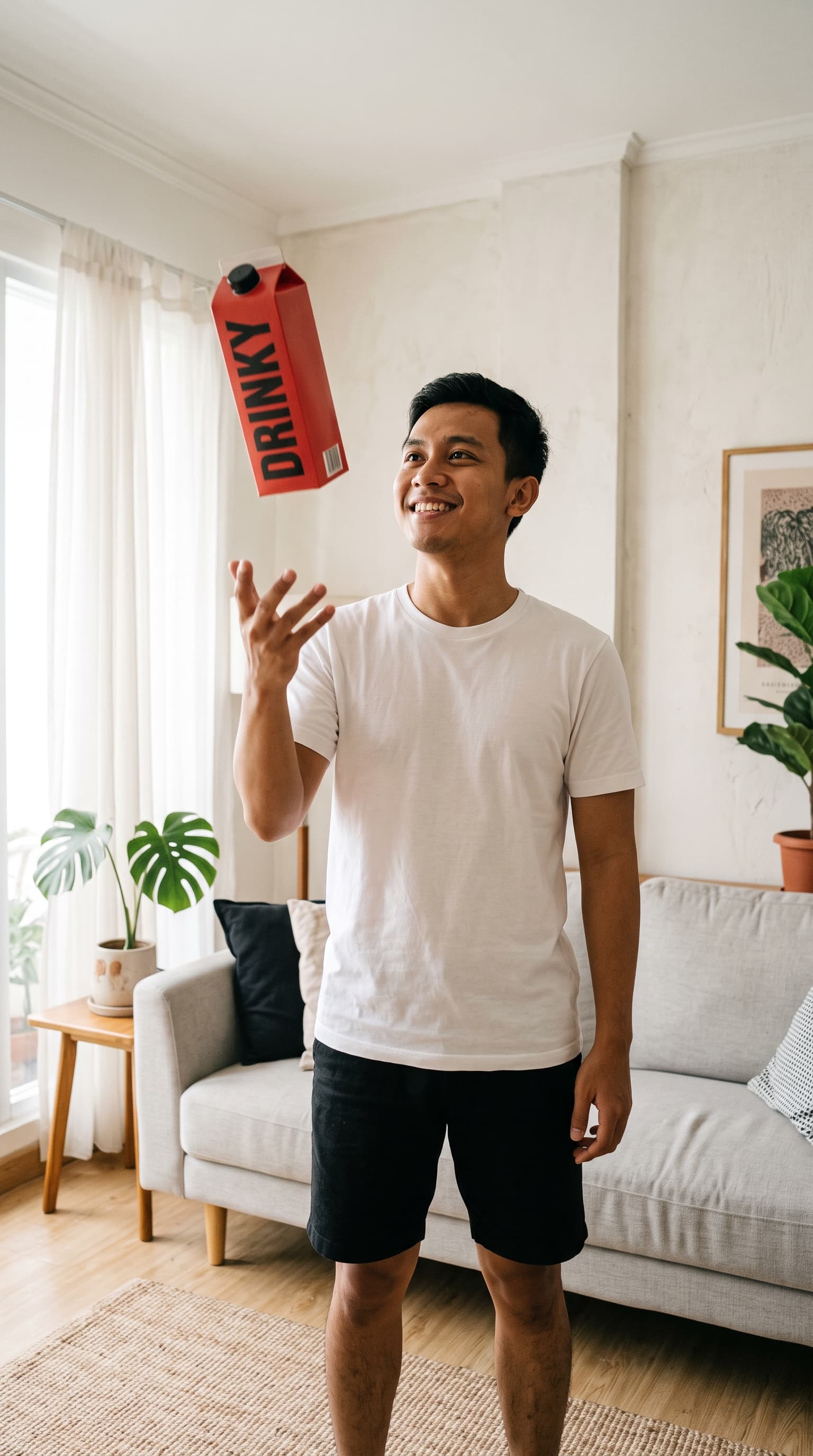 A young man at home tossing a DRINKY carton into the air and grinning