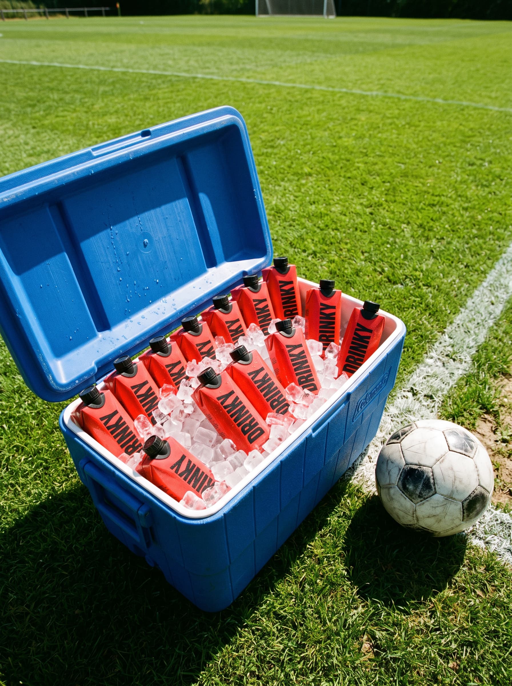 A blue cooler full of ice and DRINKY cartons next to a football at the edge of a pitch