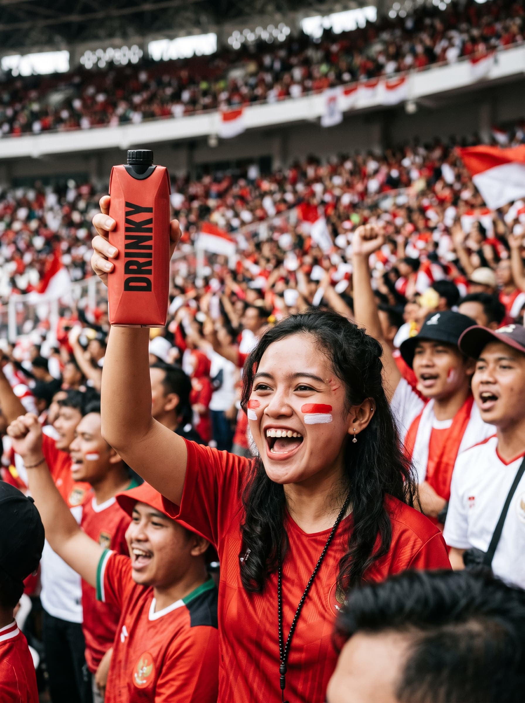 A fan with red and white face paint cheering in the stadium with a DRINKY carton raised
