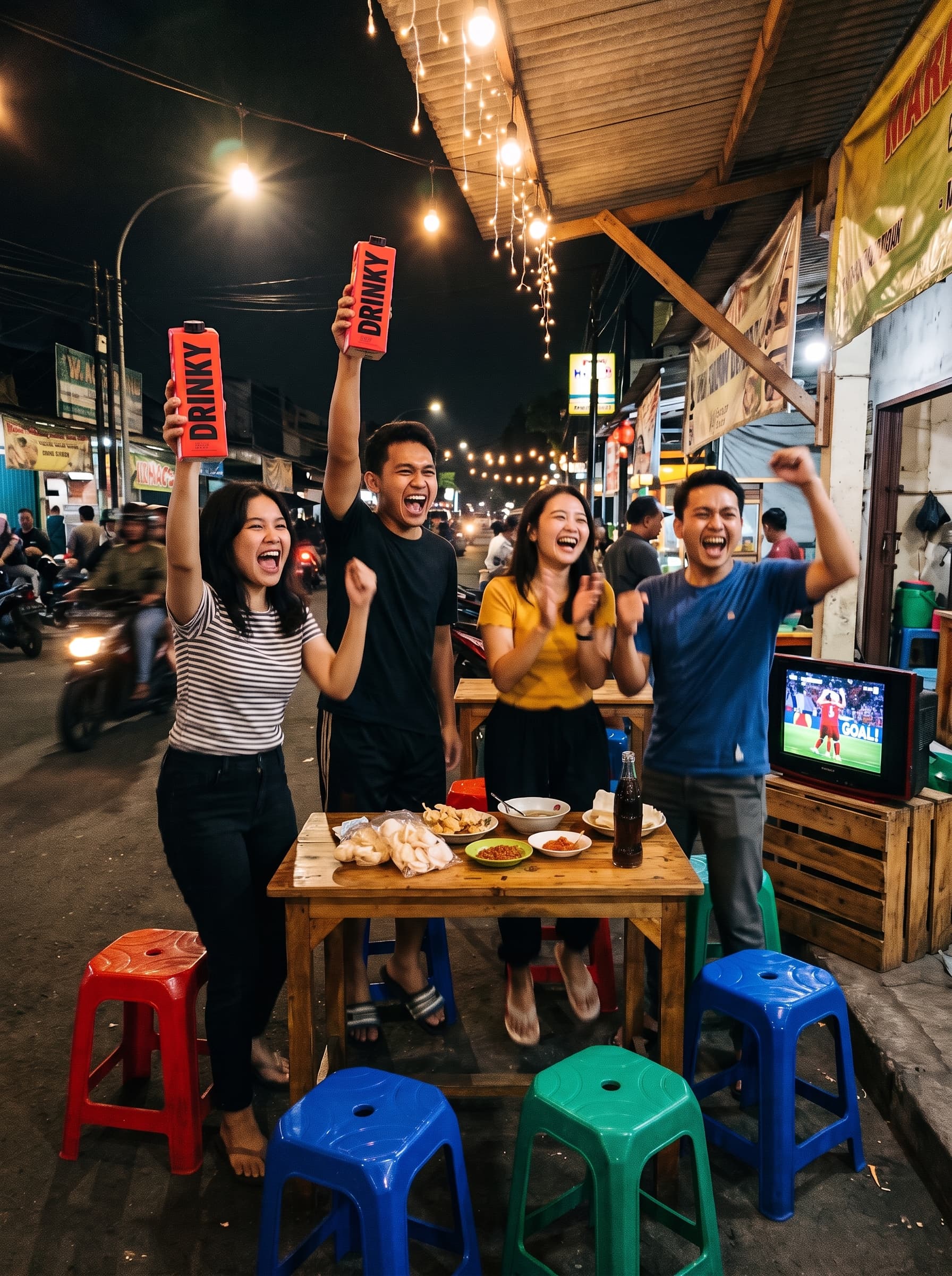 Friends cheering at a roadside food stall, two of them raising DRINKY cartons at a match on TV